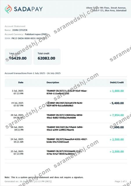 Pakistan SadaPay account statement Word and PDF template
